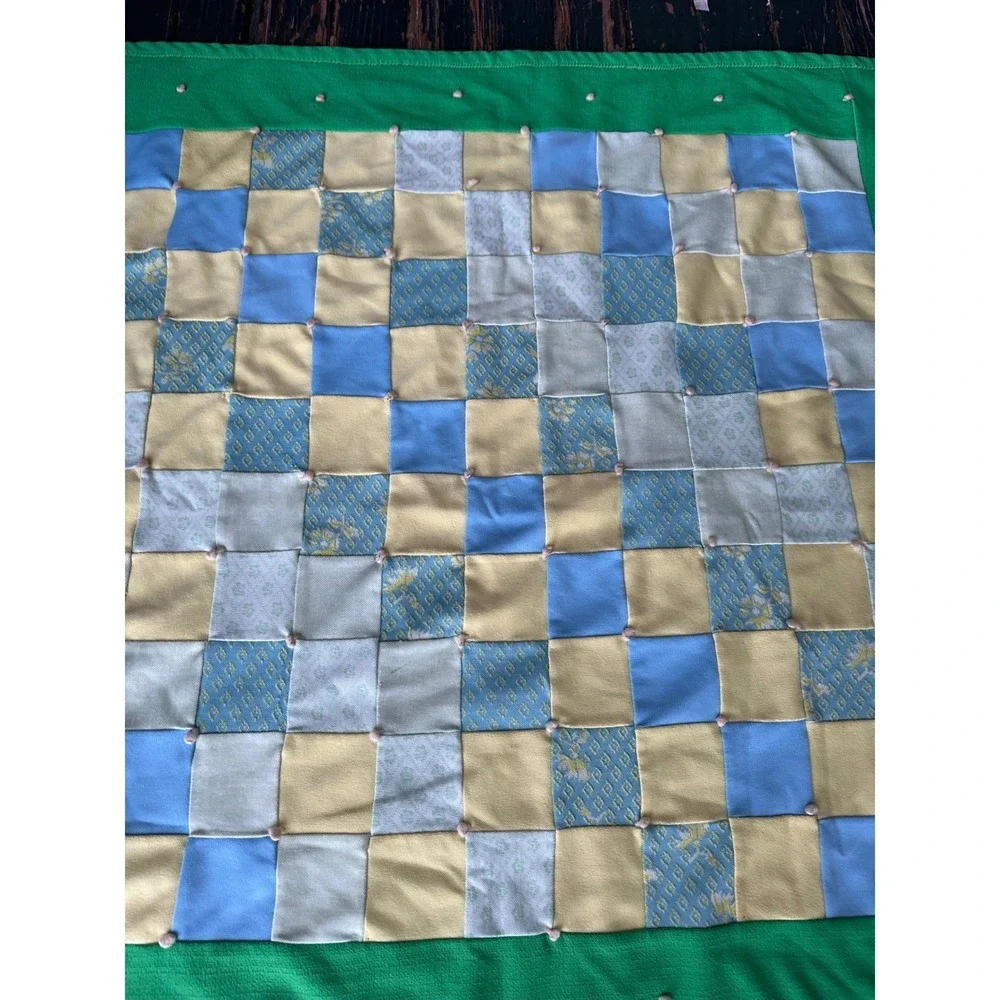 Handmade Patchwork Baby Quilt Green Blue Yellow Square Pattern Lap Blanket 42x42